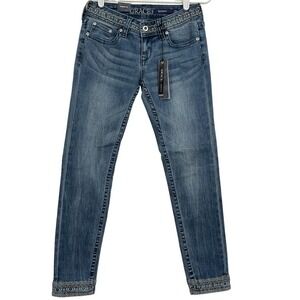 NWT GRACE in LA Women Embroidered Skinny Low Rise Stretch Blue Denim Jeans Sz 25